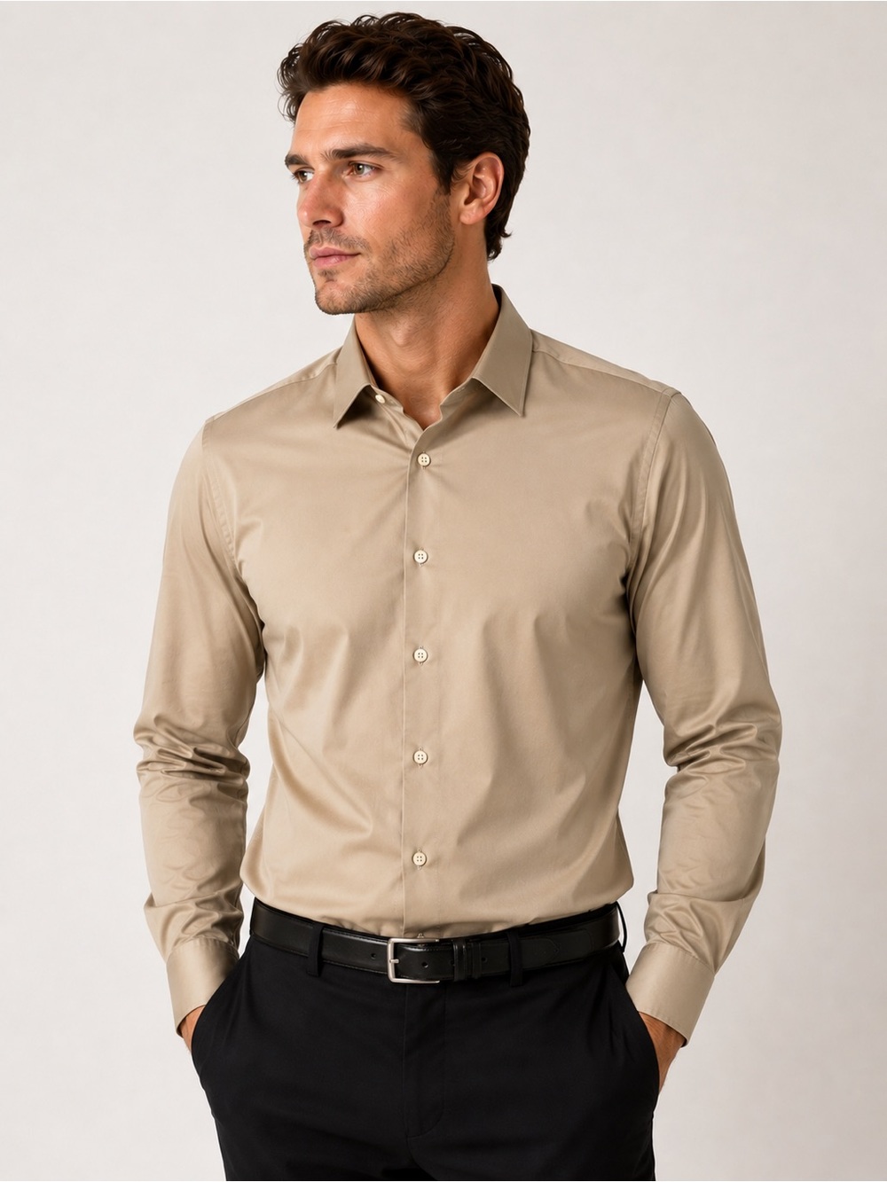 Madison Men’s XL 17-17.5 34/35 Slim Fit Stretch Tan Dress Shirt Button Up